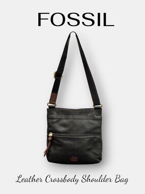 Fossil Black Pebbled Leather Crossbody Bag Brown Accents Brass Hardware